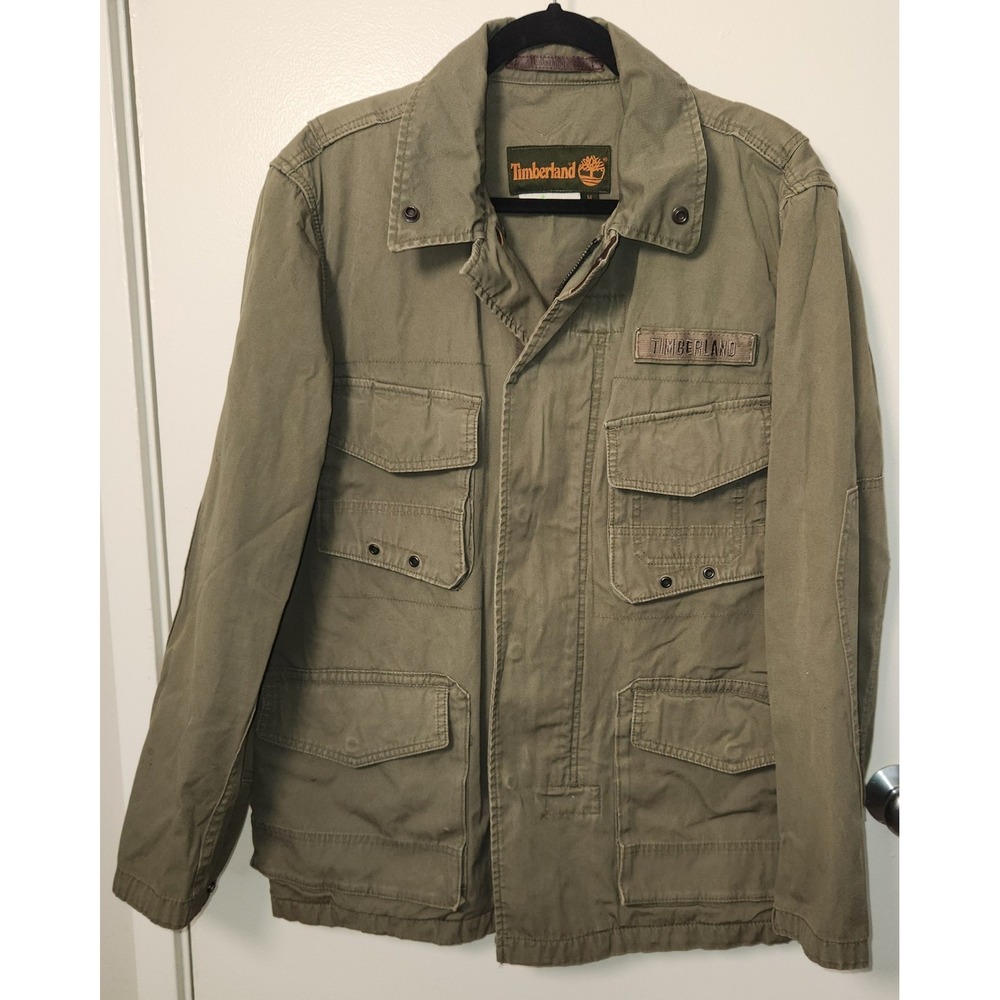 Vtg Timberland Army Green 100% Cotton Nanotex Utility Field Jacket Med Leather